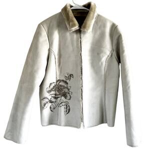 VTG The Limited Floral Print Coat Jacket Fur Lined Collared Faux Suede White L